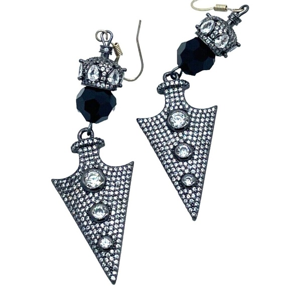 Arrowhead Dangly Earrings; Silver/Black with Rhinestones - Picture 1 of 3